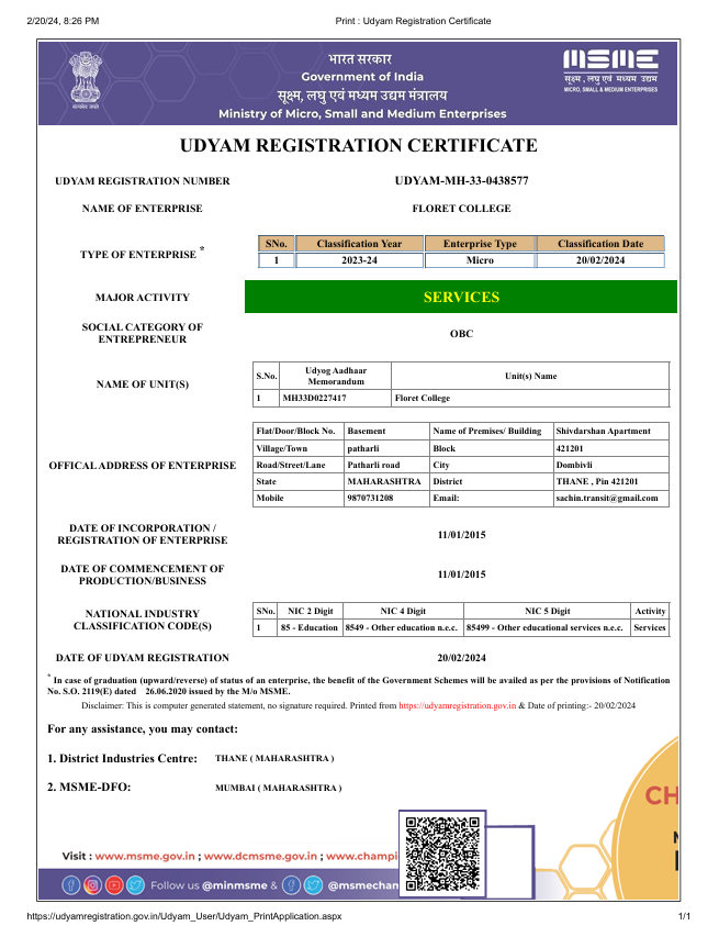 Floret College Udyam Registration Certificate